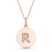 Initial Letter "R" Cubic Zirconia Crystal Round Disc Pendant in Solid 14k Rose Gold - BD-IP2-R-DiaCZ-14R