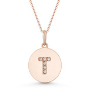 Initial Letter "T" Cubic Zirconia Crystal Round Disc Pendant in Solid 14k Rose Gold - BD-IP2-T-DiaCZ-14R