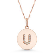 Initial Letter "U" Cubic Zirconia Crystal Round Disc Pendant in Solid 14k Rose Gold - BD-IP2-U-DiaCZ-14R