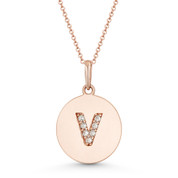 Initial Letter "V" Cubic Zirconia Crystal Round Disc Pendant in Solid 14k Rose Gold - BD-IP2-V-DiaCZ-14R