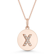 Initial Letter "X" Cubic Zirconia Crystal Round Disc Pendant in Solid 14k Rose Gold - BD-IP2-X-DiaCZ-14R