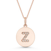 Initial Letter "Z" Cubic Zirconia Crystal Round Disc Pendant in Solid 14k Rose Gold - BD-IP2-Z-DiaCZ-14R