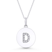 Initial Letter "D" Cubic Zirconia Crystal Round Disc Pendant in Solid 14k White Gold - BD-IP2-D-DiaCZ-14W