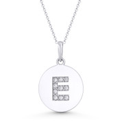 Initial Letter "E" Cubic Zirconia Crystal Round Disc Pendant in Solid 14k White Gold - BD-IP2-E-DiaCZ-14W