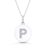 Initial Letter "P" Cubic Zirconia Crystal Round Disc Pendant in Solid 14k White Gold - BD-IP2-P-DiaCZ-14W