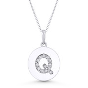 Initial Letter "Q" Cubic Zirconia Crystal Round Disc Pendant in Solid 14k White Gold - BD-IP2-Q-DiaCZ-14W
