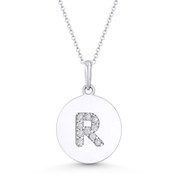 Initial Letter "R" Cubic Zirconia Crystal Round Disc Pendant in Solid 14k White Gold - BD-IP2-R-DiaCZ-14W