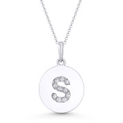 Initial Letter "S" Cubic Zirconia Crystal Round Disc Pendant in Solid 14k White Gold - BD-IP2-S-DiaCZ-14W