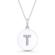 Initial Letter "T" Cubic Zirconia Crystal Round Disc Pendant in Solid 14k White Gold - BD-IP2-T-DiaCZ-14W