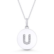 Initial Letter "U" Cubic Zirconia Crystal Round Disc Pendant in Solid 14k White Gold - BD-IP2-U-DiaCZ-14W