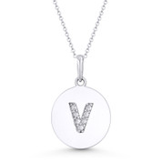 Initial Letter "V" Cubic Zirconia Crystal Round Disc Pendant in Solid 14k White Gold - BD-IP2-V-DiaCZ-14W