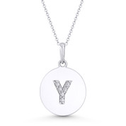 Initial Letter "Y" Cubic Zirconia Crystal Round Disc Pendant in Solid 14k White Gold - BD-IP2-Y-DiaCZ-14W