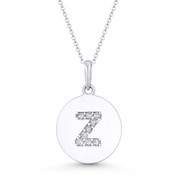 Initial Letter "Z" Cubic Zirconia Crystal Round Disc Pendant in Solid 14k White Gold - BD-IP2-Z-DiaCZ-14W