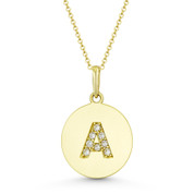 Initial Letter "A" Cubic Zirconia Crystal Round Disc Pendant in Solid 14k Yellow Gold - BD-IP2-A-DiaCZ-14Y
