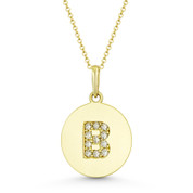 Initial Letter "B" Cubic Zirconia Crystal Round Disc Pendant in Solid 14k Yellow Gold - BD-IP2-B-DiaCZ-14Y