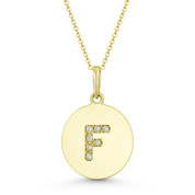 Initial Letter "F" Cubic Zirconia Crystal Round Disc Pendant in Solid 14k Yellow Gold - BD-IP2-F-DiaCZ-14Y