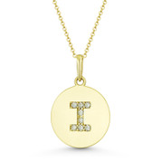 Initial Letter "I" Cubic Zirconia Crystal Round Disc Pendant in Solid 14k Yellow Gold - BD-IP2-I-DiaCZ-14Y