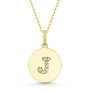 Initial Letter "J" Cubic Zirconia Crystal Round Disc Pendant in Solid 14k Yellow Gold -  BD-IP2-J-DiaCZ-14Y