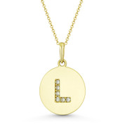 Initial Letter "L" Cubic Zirconia Crystal Round Disc Pendant in Solid 14k Yellow Gold - BD-IP2-L-DiaCZ-14Y