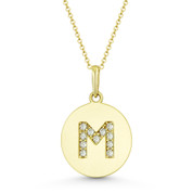 Initial Letter "M" Cubic Zirconia Crystal Round Disc Pendant in Solid 14k Yellow Gold - BD-IP2-M-DiaCZ-14Y