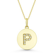 Initial Letter "P" Cubic Zirconia Crystal Round Disc Pendant in Solid 14k Yellow Gold - BD-IP2-P-DiaCZ-14Y