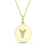 Initial Letter "Y" Cubic Zirconia Crystal Round Disc Pendant in Solid 14k Yellow Gold - BD-IP2-Y-DiaCZ-14Y