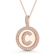 Cubic Zirconia Crystal Pave Initial Letter "C" & Halo Round Disc Pendant in Solid 14k Rose Gold - BD-IP3-C-DiaCZ-14R
