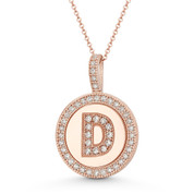 Cubic Zirconia Crystal Pave Initial Letter "D" & Halo Round Disc Pendant in Solid 14k Rose Gold - BD-IP3-D-DiaCZ-14R