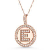 Cubic Zirconia Crystal Pave Initial Letter "E" & Halo Round Disc Pendant in Solid 14k Rose Gold - BD-IP3-E-DiaCZ-14R