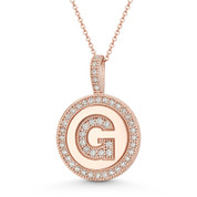 Cubic Zirconia Crystal Pave Initial Letter "G" & Halo Round Disc Pendant in Solid 14k Rose Gold -  BD-IP3-G-DiaCZ-14R