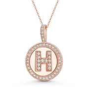 Cubic Zirconia Crystal Pave Initial Letter "H" & Halo Round Disc Pendant in Solid 14k Rose Gold - BD-IP3-H-DiaCZ-14R