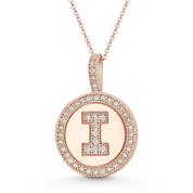 Cubic Zirconia Crystal Pave Initial Letter "I" & Halo Round Disc Pendant in Solid 14k Rose Gold - BD-IP3-I-DiaCZ-14R