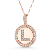 Cubic Zirconia Crystal Pave Initial Letter "L" & Halo Round Disc Pendant in Solid 14k Rose Gold - BD-IP3-L-DiaCZ-14R