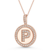 Cubic Zirconia Crystal Pave Initial Letter "P" & Halo Round Disc Pendant in Solid 14k Rose Gold - BD-IP3-P-DiaCZ-14R