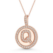 Cubic Zirconia Crystal Pave Initial Letter "Q" & Halo Round Disc Pendant in Solid 14k Rose Gold - BD-IP3-Q-DiaCZ-14R