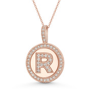 Cubic Zirconia Crystal Pave Initial Letter "R" & Halo Round Disc Pendant in Solid 14k Rose Gold - BD-IP3-R-DiaCZ-14R