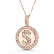 Cubic Zirconia Crystal Pave Initial Letter "S" & Halo Round Disc Pendant in Solid 14k Rose Gold - BD-IP3-S-DiaCZ-14R