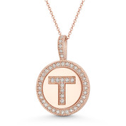 Cubic Zirconia Crystal Pave Initial Letter "T" & Halo Round Disc Pendant in Solid 14k Rose Gold - BD-IP3-T-DiaCZ-14R