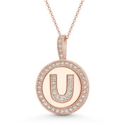 Cubic Zirconia Crystal Pave Initial Letter "U" & Halo Round Disc Pendant in Solid 14k Rose Gold - BD-IP3-U-DiaCZ-14R