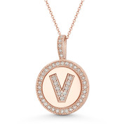 Cubic Zirconia Crystal Pave Initial Letter "V" & Halo Round Disc Pendant in Solid 14k Rose Gold - BD-IP3-V-DiaCZ-14R