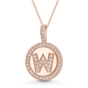 Cubic Zirconia Crystal Pave Initial Letter "W" & Halo Round Disc Pendant in Solid 14k Rose Gold