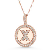 Cubic Zirconia Crystal Pave Initial Letter "X" & Halo Round Disc Pendant in Solid 14k Rose Gold - BD-IP3-X-DiaCZ-14R