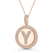 Cubic Zirconia Crystal Pave Initial Letter "Y" & Halo Round Disc Pendant in Solid 14k Rose Gold - BD-IP3-Y-DiaCZ-14R