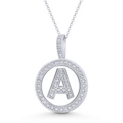 Cubic Zirconia Crystal Pave Initial Letter "A" & Halo Round Disc Pendant in Solid 14k White Gold - BD-IP3-A-DiaCZ-14W