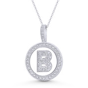 Cubic Zirconia Crystal Pave Initial Letter "B" & Halo Round Disc Pendant in Solid 14k White Gold - BD-IP3-B-DiaCZ-14W