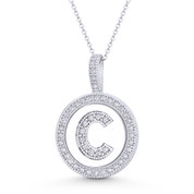 Cubic Zirconia Crystal Pave Initial Letter "C" & Halo Round Disc Pendant in Solid 14k White Gold - BD-IP3-C-DiaCZ-14W