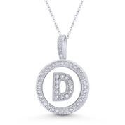 Cubic Zirconia Crystal Pave Initial Letter "D" & Halo Round Disc Pendant in Solid 14k White Gold - BD-IP3-D-DiaCZ-14W