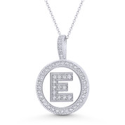 Cubic Zirconia Crystal Pave Initial Letter "E" & Halo Round Disc Pendant in Solid 14k White Gold - BD-IP3-E-DiaCZ-14W