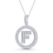 Cubic Zirconia Crystal Pave Initial Letter "F" & Halo Round Disc Pendant in Solid 14k White Gold - BD-IP3-F-DiaCZ-14W