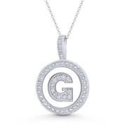 Cubic Zirconia Crystal Pave Initial Letter "G" & Halo Round Disc Pendant in Solid 14k White Gold - BD-IP3-G-DiaCZ-14W